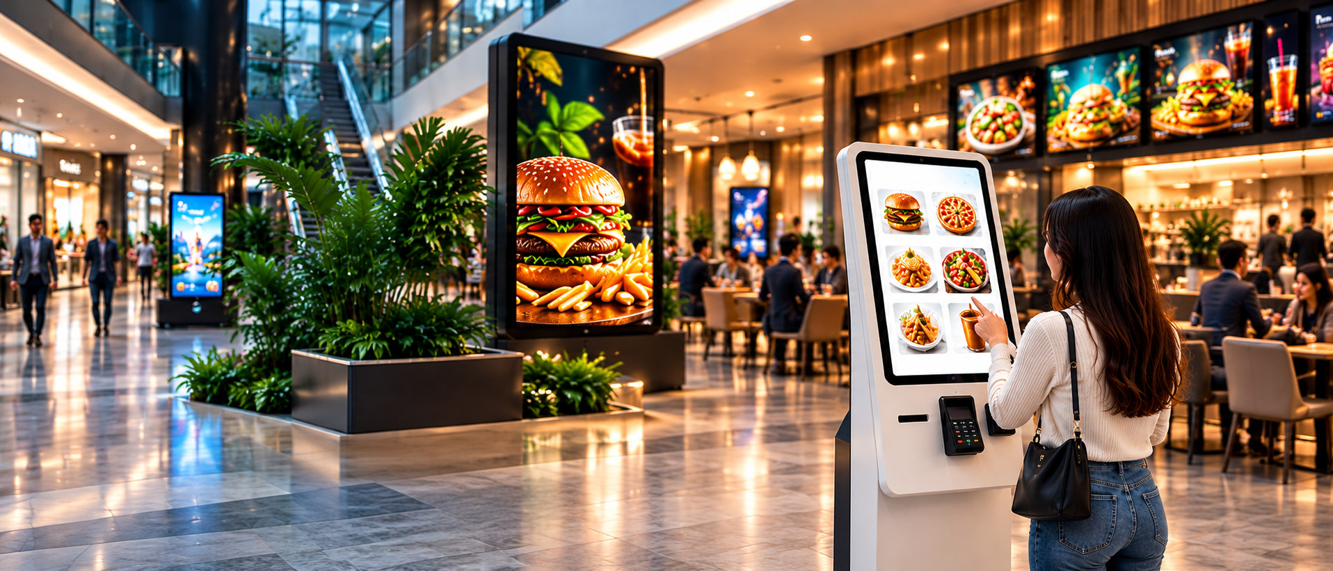 Digital signage and self-ordering kiosk in modern shopping mall